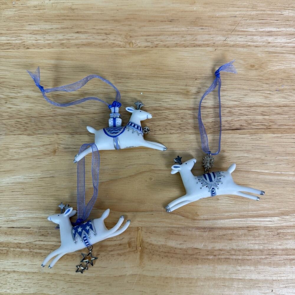 Vintage 2001 Hallmark Graceful Reindeer White & Blue Porcelain Set of 3 Ornament